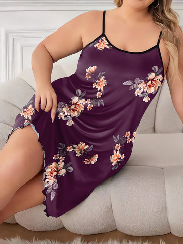 Plus Size Women's Floral Print Round Neck Frill Trim Cami Nightdress - Soft, Breathable, Comfortable Loungewear Dress for Relaxation - Sexy, Feminine, and Elegant Design